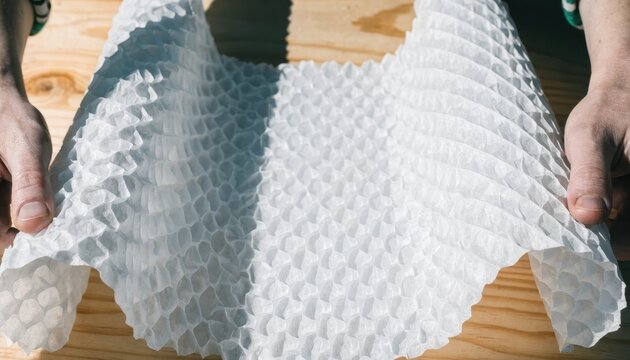 Hands presenting a delicate sheet of white honeycomb patterned material on a wooden surface