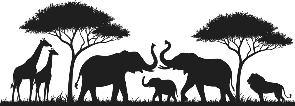 African Wildlife Silhouettes with Trees and Grass on White Background Keywords: silhouette, wildlife, animals, safari, africa, nature, savanna, landscape, elephants, giraffes, lion