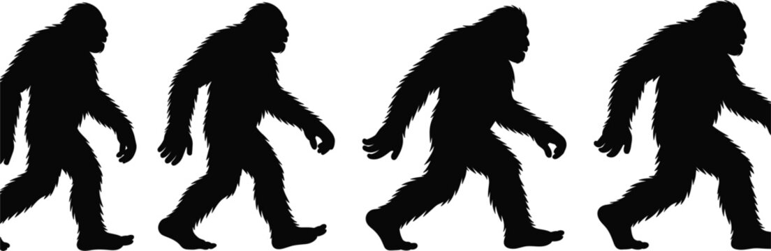 Four Black Silhouettes of Bigfoot Walking in a Row on a White Background sasquatch yeti