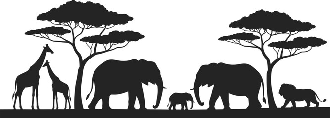 Silhouette of African savanna animals and acacia trees on a white background vector illustration © Khadabox Mrida