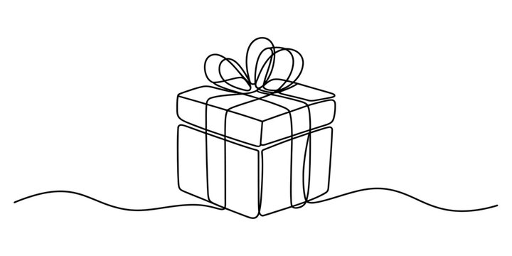 Continuous line drawing of a gift box with a bow and ribbon, simple and elegant celebration concept