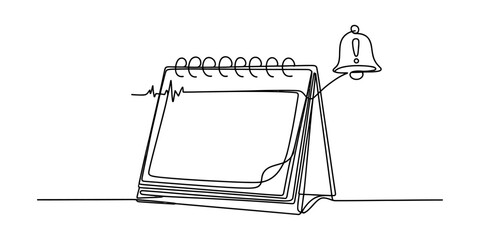 Fototapeta premium Desk calendar with notification bell and alert symbol, single line art