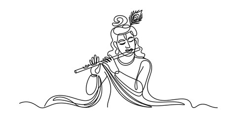 Lord krishna playing the flute in a minimalist line art style, with a peacock feather in his hair. © Kanu Art_Gallery