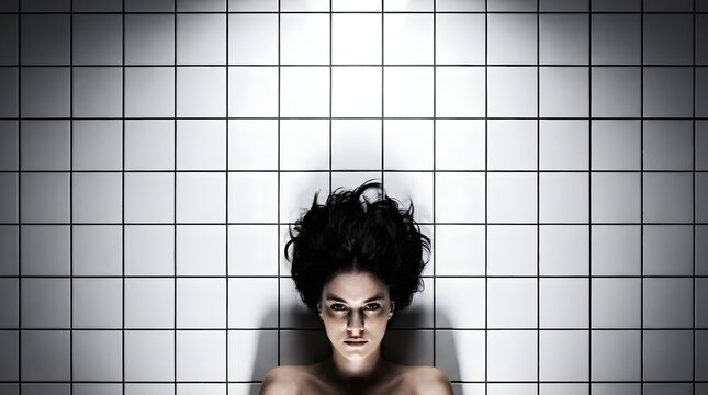 Woman with dark hair and makeup on white tiled wall looking directly at camera