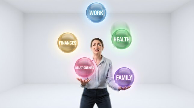 Woman juggling multiple life aspects in a simple room with colorful spheres