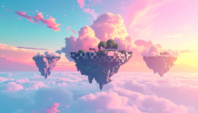 Floating Islands Above Clouds at Sunset