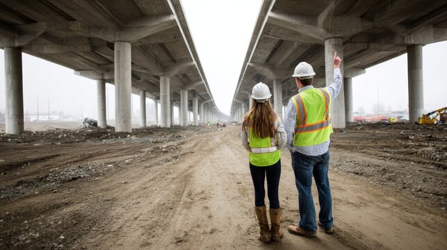 Construction workers engineers safety infrastructure overpass hardhat inspection site teamwork under concrete bridge with reflective vests on active transportation project