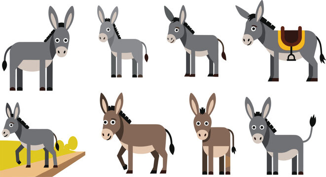 Cute Donkey and Burro Cartoon Character Vector Illustration Set Featuring Farm Animals in Gray and Brown with Saddle and Outdoor Landscape Background for Kids Clipart and Countryside Graphic Designs