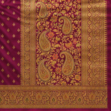 Classic Indian saree pallu design with grand ornamental border, paisley vines, and gold zari effect