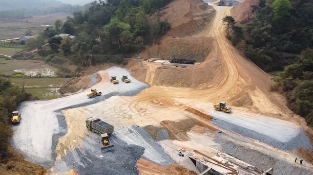 Road Base Construction for Mountain Highway Project with Heavy Machinery