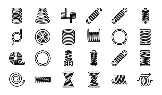 Modern Mechanical Spring Outline Icon Collection with Coil Wire and Industrial Engineering Symbols