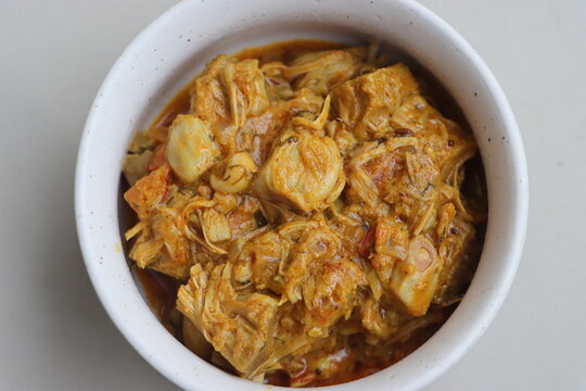 Spicy homemade jackfruit curry or Kathal masala, freshly cooked spicy jackfruit curry, traditional Asian cuisine made with Artocarpus heterophyllus, garnished with fresh herbs and served hot for lunch