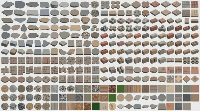 Paving stone collection with various concrete blocks and bricks. Large set of stone pavers for landscaping and architectural design. Realistic masonry elements.