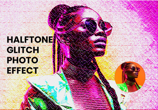 Colorful Retro Halftone Glitch Photo Effect Portrait of a Woman with Sunglasses