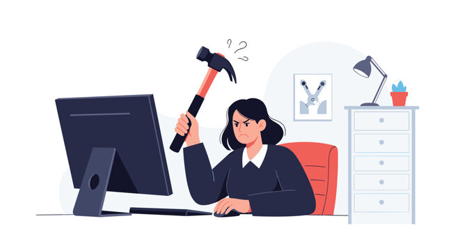 Angry businesswoman holds a hammer over her computer monitor in a moment of intense work stress and technical frustration.