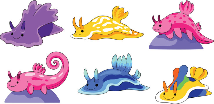 Cute Nudibranch and Sea Slug Vector Illustration Set Featuring Colorful Marine Gastropods for Underwater Nature Education Tropical Ocean Clipart and Kawaii Graphic Designs