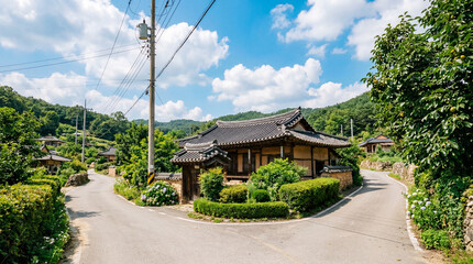 Fototapeta premium Old House at a Quiet Village Intersection in Korean Summer