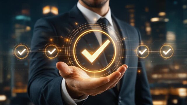 Businessman holding glowing checkmark icons symbolizing success and approval in modern urban setting