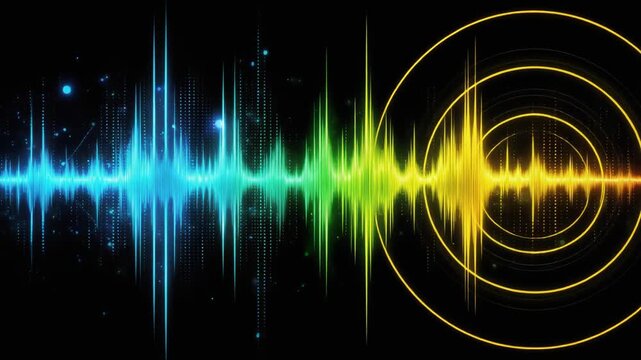 Colorful glowing sound wave with futuristic digital equalizer and circular light effects on black background