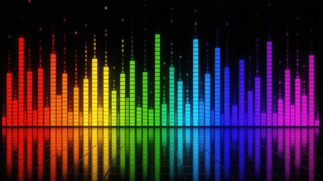 Colorful audio equalizer bars with vibrant rainbow lights reflecting on black grid floor
