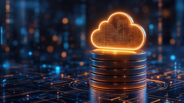 Digital cloud computing technology concept with glowing cloud icon on stacked coins and circuit board background