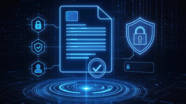 Digital document security concept with glowing holographic data protection and access control icons