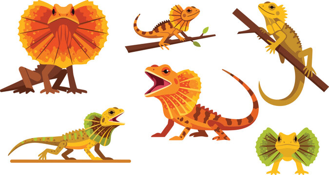 Frilled Lizard and Bearded Dragon Vector Illustration Set Featuring Exotic Reptiles on Branches for Wildlife Education Pet Shop Branding and Nature Graphic Designs