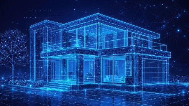 Futuristic digital blueprint of modern house with glowing neon lines and architectural design visualization