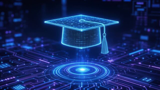 Futuristic digital graduation cap floating over glowing circuit board representing online education technology