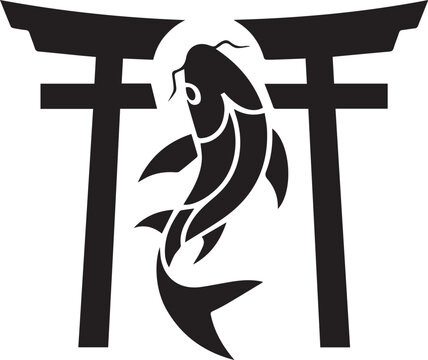 Traditional Japanese torii gate silhouette with a swimming koi fish symbol of strength and good fortune vector illustration graphic design art