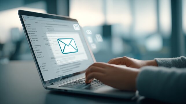 Hands typing on laptop with email.