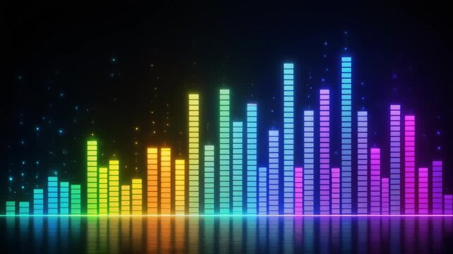 Colorful audio equalizer bars with vibrant glowing neon lights and sound wave visualization on black background