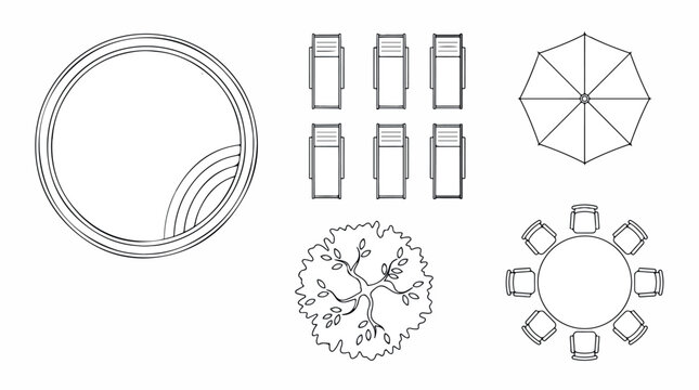 Architectural landscape symbols in top view, swimming pool and patio furniture vector set, outdoor garden floor plan elements for site design