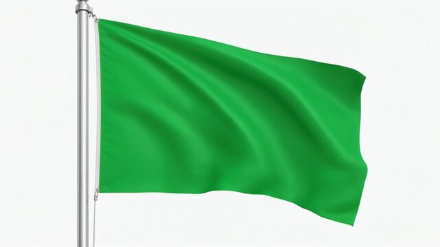 Waving green flag on flagpole with smooth fabric texture isolated on white background
