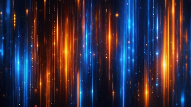 Abstract digital background with glowing vertical light streaks in blue and orange colors
