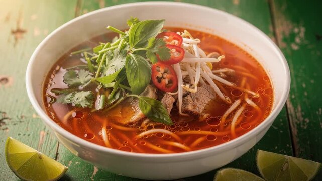 Delicious spicy Vietnamese pho soup with fresh herbs, beef, chili peppers, and lime wedges on rustic wooden table
