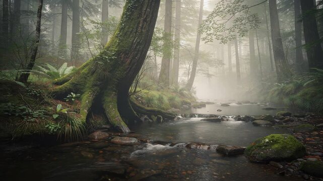 Misty forest stream with moss covered trees and tranquil flowing water in serene nature landscape