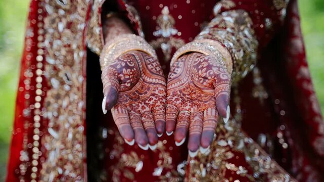 Indian bride showing detailed mehndi designs on hands during traditional wedding celebration. Elegant bridal jewelry, embroidered dress, and cultural beauty outdoors