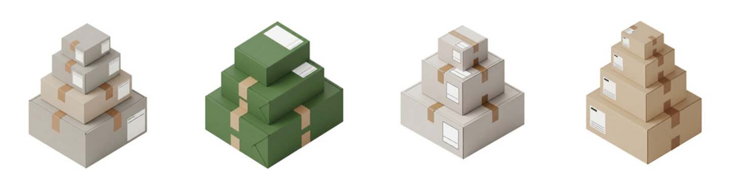 Four Isometric Stacks of Cardboard Shipping Boxes Isolated on Black