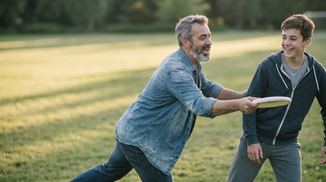 Active middle aged father and teenage son playing frisbee in park