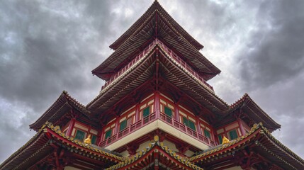 Fototapeta premium Traditional East Asian Pagoda Architecture with Curved Rooflines, Red Wooden Structure, Gold Ornamentation and Dramatic Cloudy Sky Viewed from Low Angle Perspective