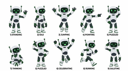 Fototapeta premium Cute Flat Robot Character Poses Collection: Standing, Idle, Jumping, Pointing, Puzzled, Thinking, Celebrating, Running, Saluting, Vector Illustration