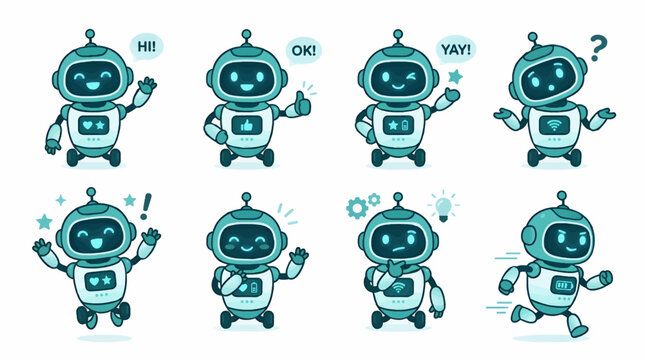 Cute Flat Vector Robots Expressing Emotions and Actions, Featuring Greetings, Thumbs Up, and Thinking Poses, with Icons for Wi-Fi, Battery, and Lightbulb