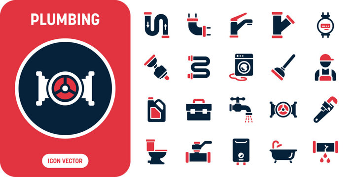Plumbing and sanitary repair service icon set with industrial pipe valve, adjustable pipe wrench, bathroom toilet bowl, classic water tap faucet, drain cleaning plunger, and professional plumber