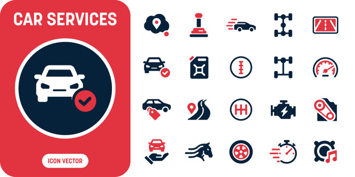 Car services and automotive maintenance icon set with car diagnostic checkmark, manual gear shift stick, automotive engine motor, car wheel alloy tire, fuel jerrycan container, and speedometer