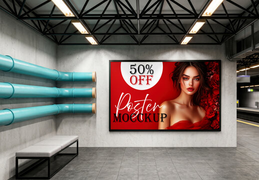 Horizontal billboard mockup on industrial subway station wall