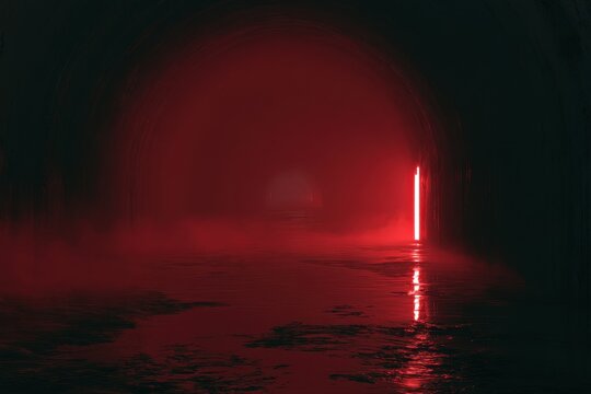 Red neon light glowing in a dark misty tunnel with wet floor reflection in a cinematic atmospheric shot for film production and thriller marketing