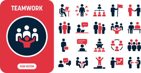 Fototapeta premium Teamwork and business partnership icon set vector including hierarchy chart, corporate handshake, public speaker, podium conference, group collaboration, and team leader graphics.