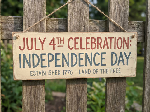 Wooden sign on a fence for a July Fourth celebration
