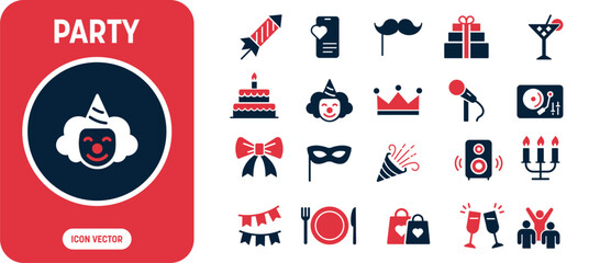Fototapeta premium Party and Celebration Icon Set with Birthday Cake, Clown Face, Cocktail Glass, Sound Speaker, Party Popper, and Gift Boxes Vector Illustration